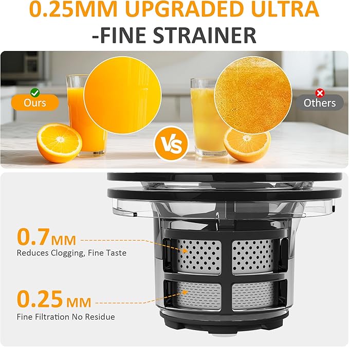 Sunvivi Cold Press Juicer with 5.9" Wide Feed Chute, 250W Slow Masticating Juicer Machines Fit Whole Vegetables & Fruits, Easy to Clean, Dual-Layer Strainer, High Yield Juicer for Home, Black
