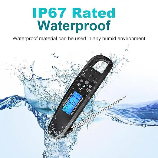 Meat Thermometer Digital, IP67 Waterproof Cooking Thermometer with Backlight & Hold Function, Instant Read Food Thermometer for Cooking, Outdoor Grilling, Candy Making (Black)