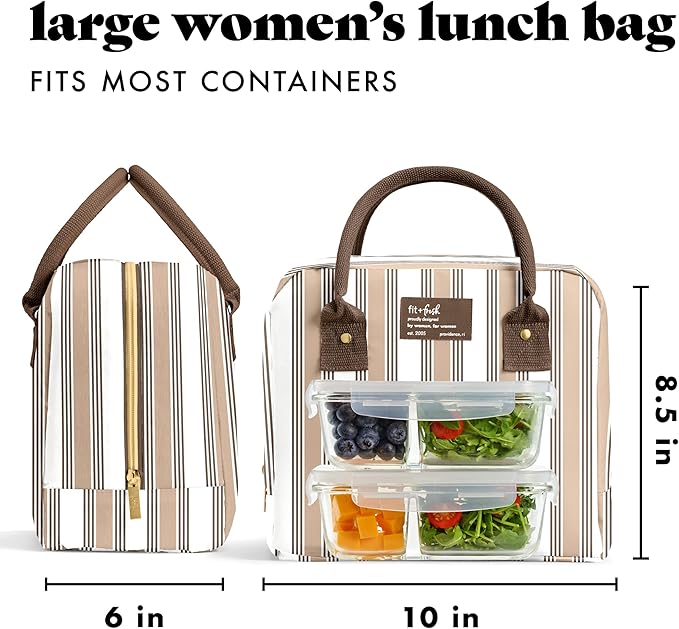 Fit & Fresh Bloomington Lunch Bag for Women - Insulated Large Lunch Box for Work with Containers, Leak-Resistant, Stain-Resistant, Zipper Closure, Ticking Stripe Taupe