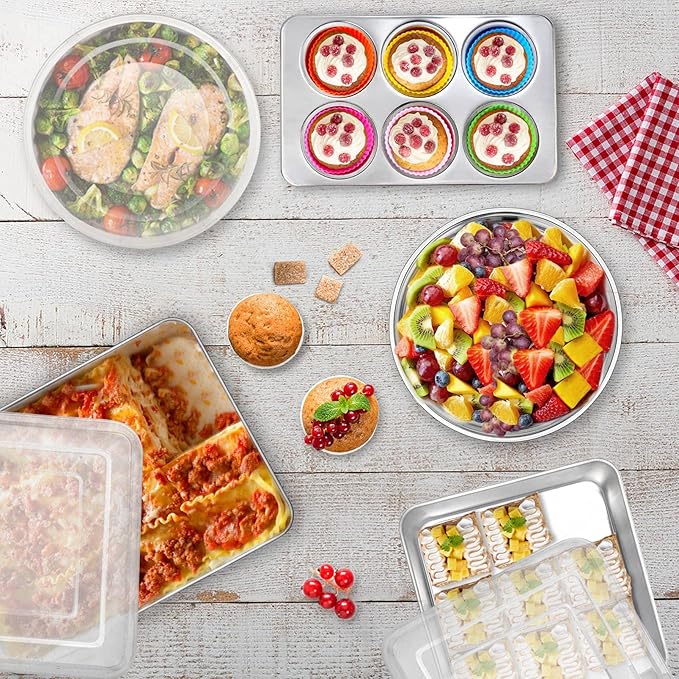 TeamFar Stainless Steel Bakeware Set, 13-Piece Metal Baking Roasting Pans with Lid, Rectangular/Square/Round/Lasagna/Loaf/Muffin Cake Pans, Non-Toxic & Sturdy, Smooth & Dishwasher Safe