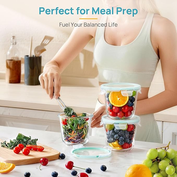 Vtopmart 5Pack 24oz Glass Storage Containers with Lids, Glass Meal Prep Food Container Sets with Snap Airtight Lids for Microwave, Oven, Freezer and Dishwasher, Green, Round