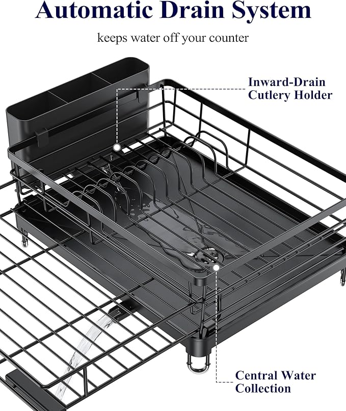 Kitsure Extendable Dish Drying Rack - Rust-Resistant Dish Racks for Kitchen Counter with Adjustable Support Legs, Cutlery Holder & Removable Draining Tray (Black, 15.6''-25.2''L × 16.9''W × 8.1''H)