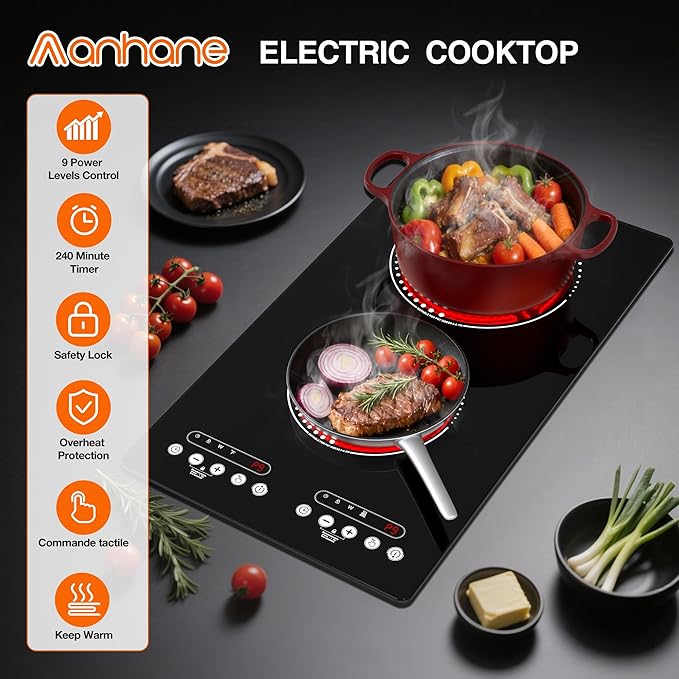 Electric Cooktop 2 Burner: 12 Inch Built-in Electric Stove Top with Dual Heating Rings, Child Lock & Keep-Warm – Portable Countertop Burner for Kitchen, RV, Apartment, All Cookware Compatible