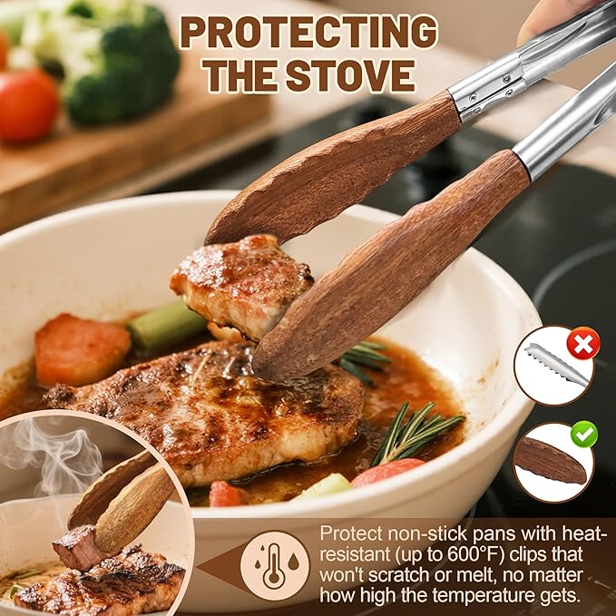 Wooden Tongs for Cooking, Multi-Purpose for Tossing Salads, Grilling, Flipping Food & Serving Bread - Strong Grip Walnut Wood Tips, Heat Resistant & Non-Deforming (7inch)