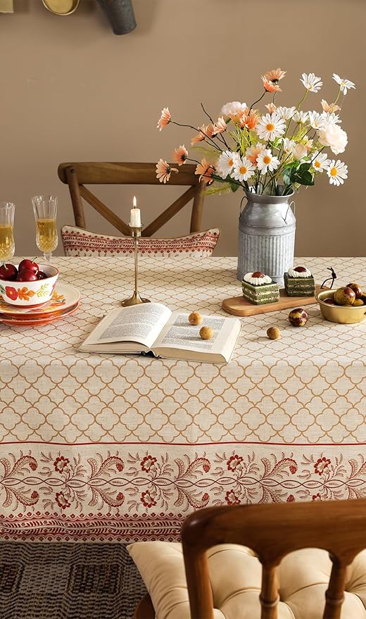 ISAENNE Designer Linen Floral Long Rectangle Tablecloth,Pale Yellow Farmhouse Indoor Table Cloth,Durable Decor Tablecloths for Dining Kitchen Thanksgiving Christmas,63"*102"-Chamonix A