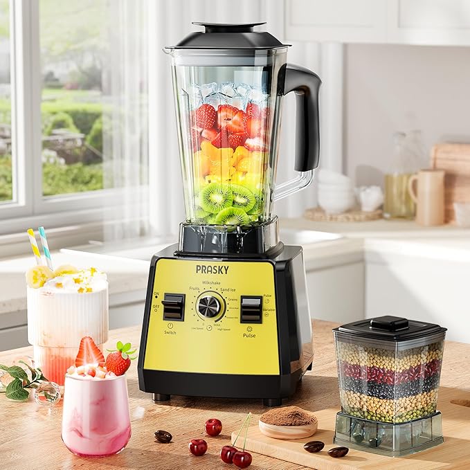 Blenders for Kitchen, Smoothie Blender, 2400W/1000W Prasky Blender & Grinder Combo, 25,000 RPM High Speed, 68oz BPA-Free Food Processor, Countertop Blender for Smoothies, Shakes & Food (Yellow, 2L)