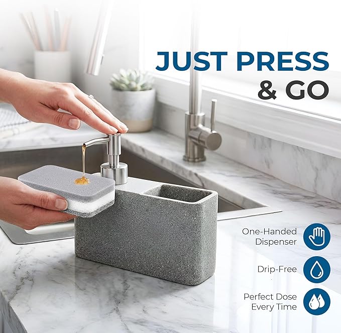 Havara Kitchen Soap Dispenser with Sponge Holder for Kitchen Sink, Hand Soap Pump & Kitchen Sink Organizer, Granite Resin Non-Slip Countertop Caddy, Stone Gray