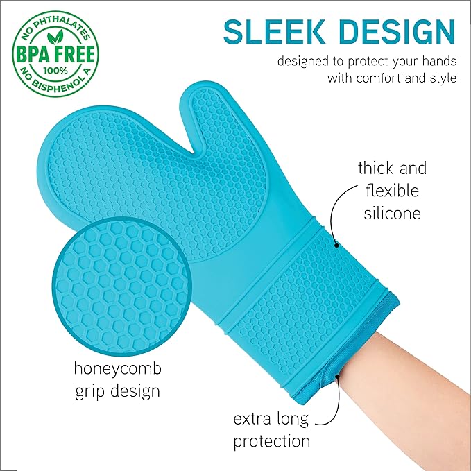 COOK WITH COLOR Silicone Oven Mitts- Heat Resistant Gloves with Soft Quilted Lining Oven Mitt Pot Holders for Cooking and BBQ, Teal, Mitt Set