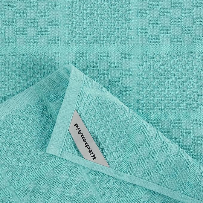 KITCHENAID Quilted Cotton Terry Cloth Oven Mitt, Pot Holder, Kitchen Towel 4-Pack Set, Heat Resistant, Silicone Grip, 16"x26", 7"x13" & 7"x10", Aqua Sky