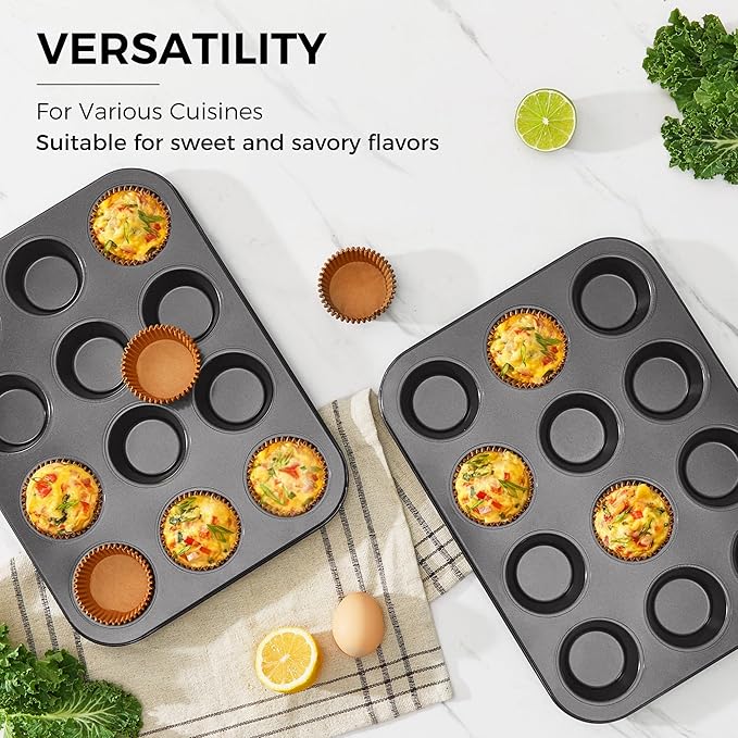 HONGBAKE Muffin Pans with 120 Natural Liners, Nonstick 12 Cup Cupcake Baking Tray, Premium Standard Size, 2 Pack, Dark Grey