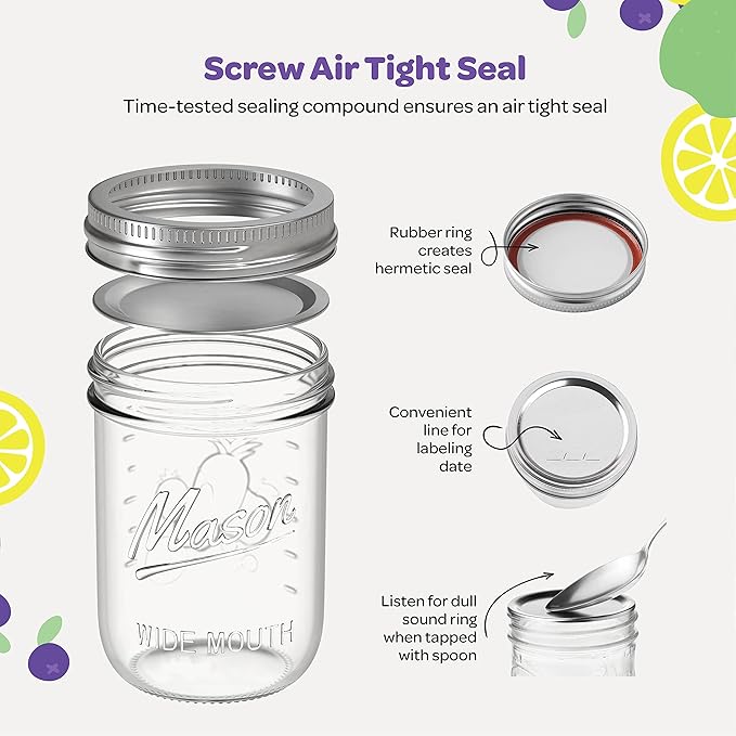 SEWANTA Wide Mouth Mason Jars 16 oz [5 Pack] With Mason Jar Lids and Bands, Mason Jars 16 oz - For Canning, Fermenting, Pickling - Jar Décor - Microwave/Dishwasher Safe.