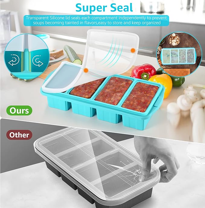 Ztomine Silicone Freezer Tray With Lid - Silicone Freezer Food Molds- Large Ice Cube Tray,Silicone Freezer Container,Freeze & Store Soup, Sauce, Broth,Leftovers - Makes 4 Perfect 1 Cup
