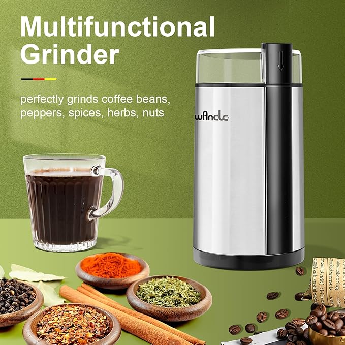 Coffee Grinder, Wancle Electric Coffee Grinder, Quiet Spice Grinder, One Touch Coffee Mill for Beans, Spices and More, with Clean Brush, Stainless Steel, 120V