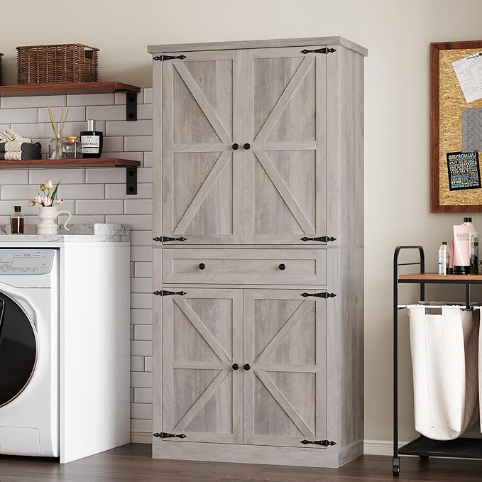 Pantry Organizers and Storage Cabinet, 70” Barn Door White Kitchen Cabinet with Drawers and Adjustable Shelf, Tall Pantry for Kitchen, Dining Room, Living Room Bedroom