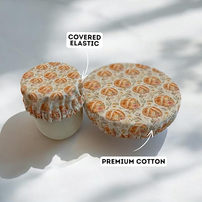 (4-Pack) Sourdough Reuseable Jar & Bowl Covers | Cute Baking Gift | 100% Cotton | Washable | Bread Proofing | Kitchen Food Storage Gifting | Starter Cover Lid Kit (Vintage Sourdough)