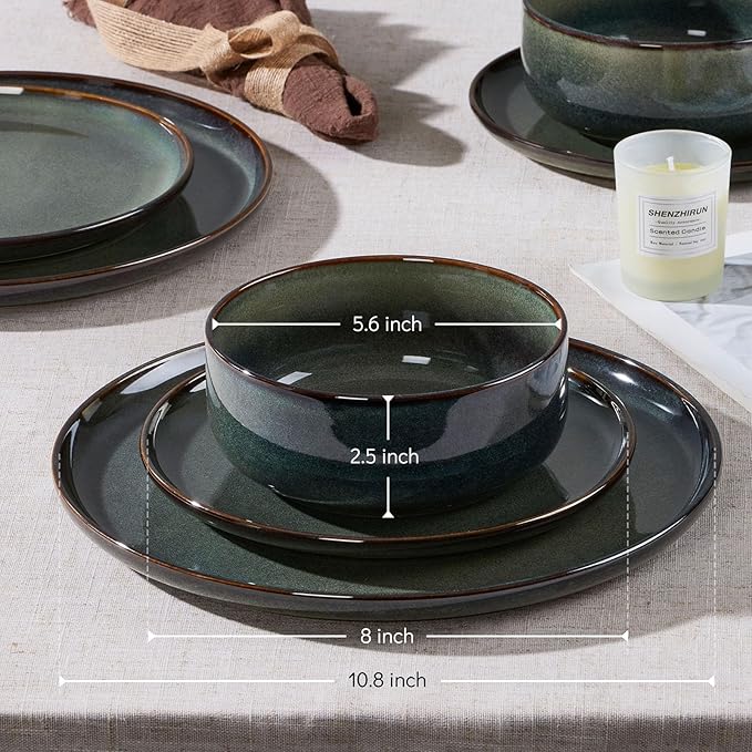 E-far Dinnerware Sets for 6, 18-Piece Stoneware Plates and Bowls Set, Ceramic Dishes Reactive Glaze Dinning Ware, Microwave & Dishwasher Safe - Obsidian Green