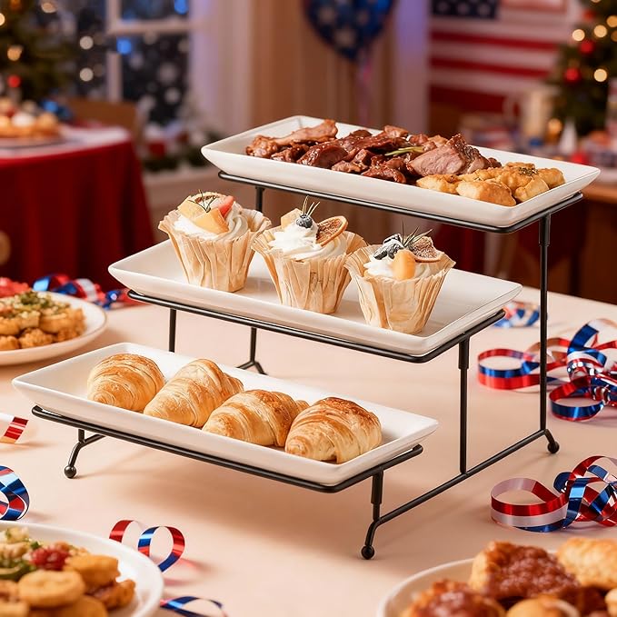 Gomakren 3 Tier Serving Trays Stand Porcelain Serving Platters 12 Inch White Serving Plates Dinner Platters for Appetizer Snack Fruit Cup Cake Tray Display Serving Dishes for Entertaining