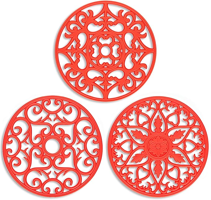 ME.FAN Trivets for Dishes/Pots/Pans, 3 Pcs Silicone Mats, Flexible/Durable/Non Slip Hot Pads to Protect Table and Counter Top (Red)