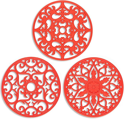 ME.FAN Trivets for Dishes/Pots/Pans, 3 Pcs Silicone Mats, Flexible/Durable/Non Slip Hot Pads to Protect Table and Counter Top (Red)