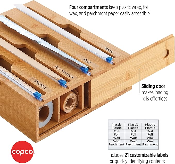 Copco In Drawer or Mounted 4 Compartment Organizer for Plastic, Foil, Wax and Parchment Paper featuring Easy Slide Tabs for Perfect Cut, With 21 Customizable Labels, Bamboo, 13.3 x 11 x 3 Inch