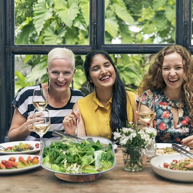 KITEISCAT Extra Large Glass Salad Bowl Set - Party Salad Bowls with Acacia Wood Base and Serving Utensils - Elegant and Practical Kitchen Must-Have