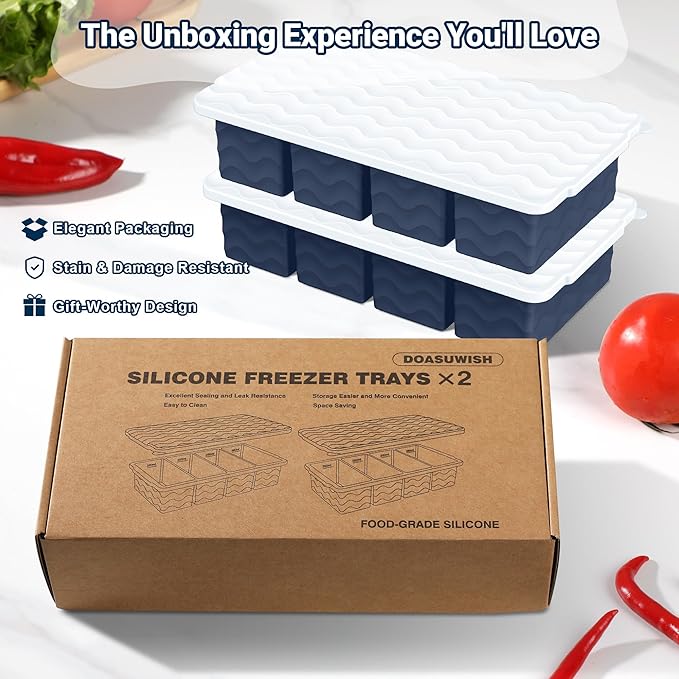 Doasuwish Silicone Freezer Tray for Soup with Lid – 1-Cup Soup Container Cube Style Ice Cube Trays for Freezer, Meal Prep & Food Storage, Freeze 250mL/125mL Portions – 2 Pack