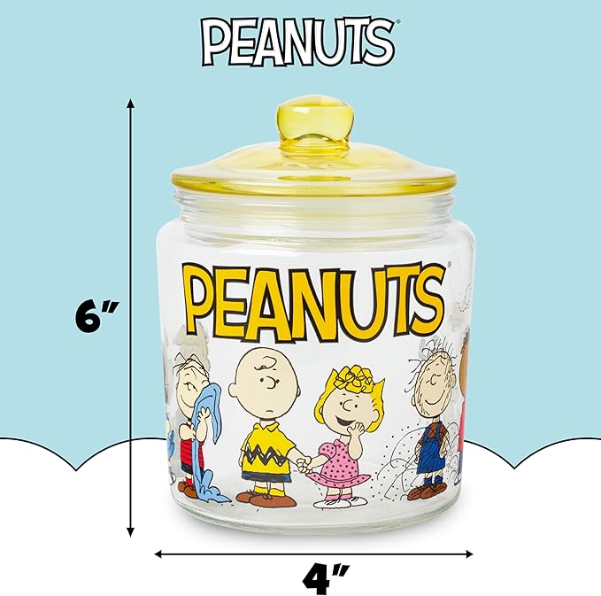 Silver Buffalo Peanuts Squad Featuring Charlie Brown, Snoopy, Schroeder, Lucy, Linus, Sally, Pigpen, Woodstock, and Franklin Glass Cookie Snack Candy Jar with Lid (Small)