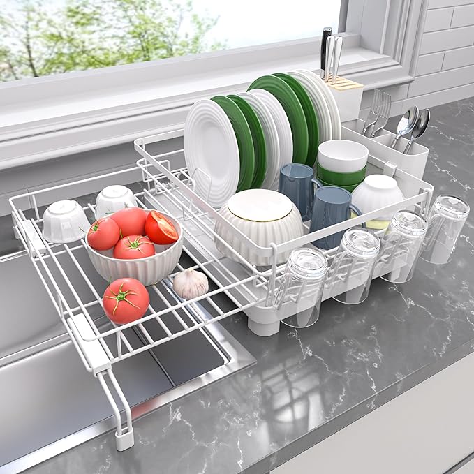 Runnatal Dish Drying Rack, Extendable Dish Rack Over Sink, Large Stainless Steel Dish Strainer with Drainboard, Utensil Holder & Cup Holder for Kitchen Counter, White