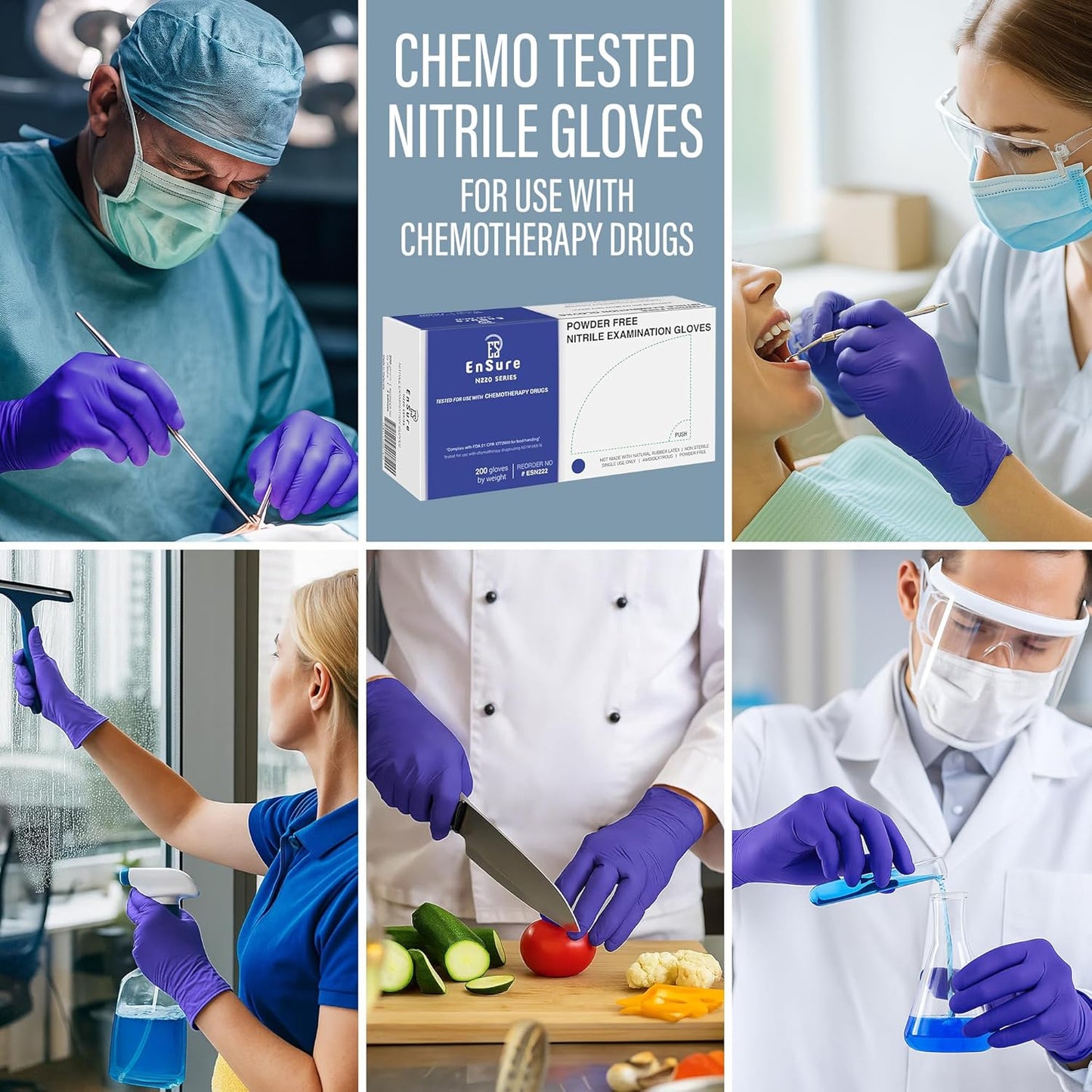 EnSure Nitrile Exam Gloves, Powder-Free, Latex-Free, Chemo Rated, Non-Sterile, Light Duty, Textured Tips, Medical, Surgical, Food Safe, Cleaning, Dental, Lab Use - 3 Mil (Large, 2000 Count)