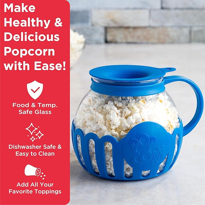 Ecolution Patented Micro-Pop Microwave Popcorn Popper with Temperature Safe Glass, 3-in-1 Lid Measures Kernels and Melts Butter, Made Without BPA, Dishwasher Safe, 3-Quart, Blue