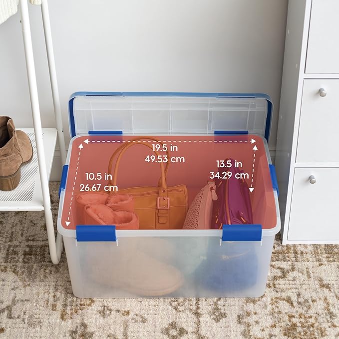IRIS USA 60 Quart WEATHERPRO Plastic Storage Box with Durable Lid and Seal and Secure Latching Buckles, 3 Pack, Weathertight, Keep Pest Dust and Moisture Out, for Oversized Bulky Items, Clear/Blue