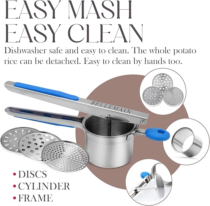 Bellemain 15 oz Large Potato Ricer | Heavy-Duty Stainless Steel Ricer & Masher | Perfect for Mashed Potatoes | Kitchen Tool with 3 Interchangeable Discs (Blue)