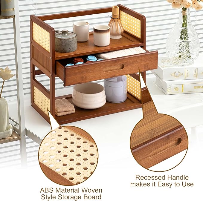 Yalikop Matcha Station Organizer 2 Tier Bamboo Mug Stand Shelf with Hidden Drawer Home Coffee Station Organizer for Whisk Set Bowl Cup Kitchen Countertops Bars 15.75" x 7.87" x 15.35"(Brown)