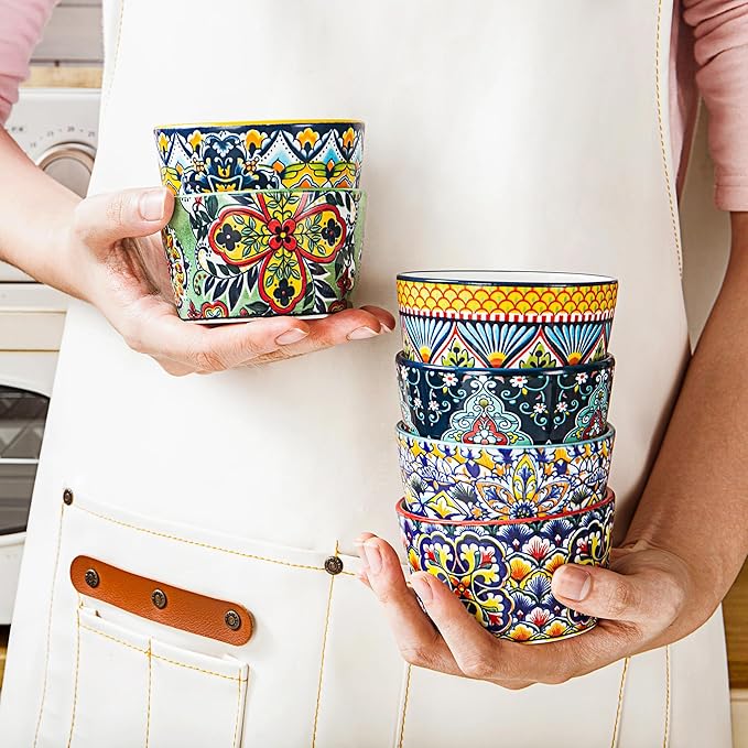 4 oz Ramekins Oven Safe for Creme Brulee – Porcelain Pudding & Custard Cups – Small Serving Bowls for Single-Serve Desserts, Dips & Sauces, Baking Ramekin Set of 6 – Bohemian Style