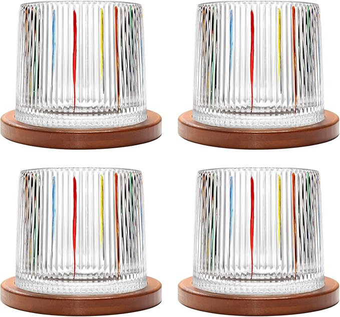 Rotatable Old Fashioned Glass, 275ml/10oz Crystal Whiskey Glass Set of 4, Wood Coaster, Thickening, Used as Rum Glass, Cocktail Cup, Coffee Cup, Milk Cup to Relax and Reduce Stress, Christmas gifts