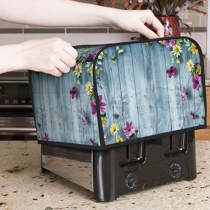 Blue Wood Texture Covers for 4 Slice Toasters,Cute Country Bread Machine Cover with Handle,Washable Stain Resistant Kitchen Small Appliance Cover Dining Decor