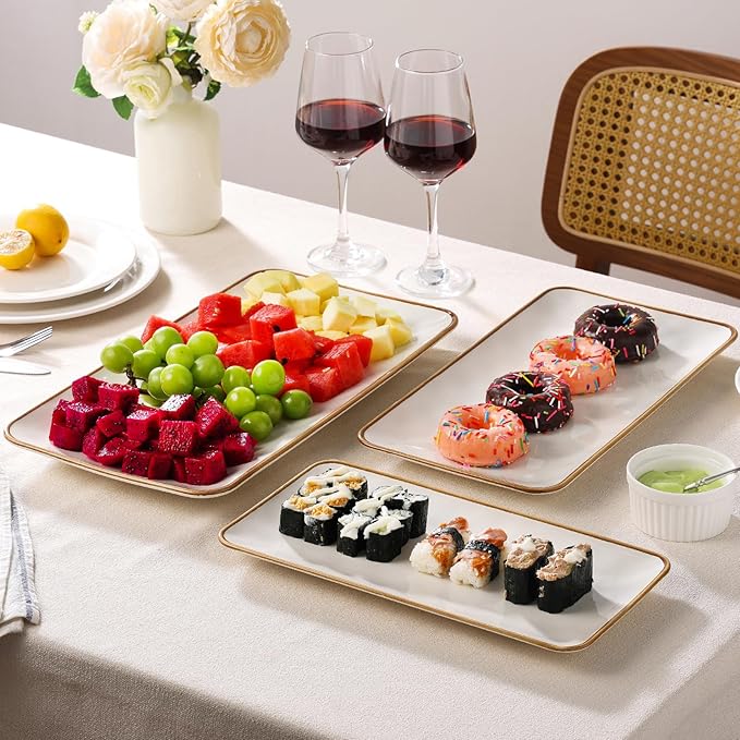 Ceramic Rectangle Serving Platter with Brown Rim: 15.6/14.1/12.6 Inch Large Serving Dishes for Entertaining Party, Sushi, Turkey, Cheese, Snack and Dessert, Microwave Dishwasher Safe