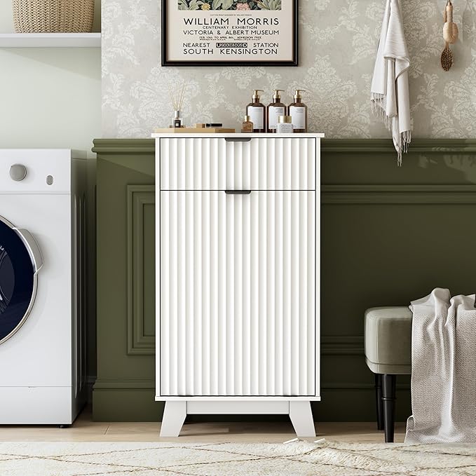 Modern Tilt Out Laundry Hamper Cabinet, 10 Gallon Wooden Trash Can Cabinet with Storage Drawer, Hidden Fluted Bathroom Storage Cabinet for Kitchen, Living Room (White, 20.47"W x 35.83"H x 13"D)