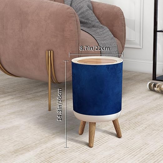 Trash Can with Lid Navy Blue Grunge Texture Dark Shiny Night Ombre Vintage Press Top Round Small Garbage Bin with Wooden Legs Waste Basket for Kitchen Bedroom Nursery 7L/1.8 Gallon