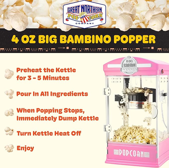 Big Bambino Popcorn Machine - Old-Fashioned Popcorn Maker with 4-Oz Kettle, Measuring Cups, Scoop, and Serving Cups by Great Northern Popcorn (Pink)