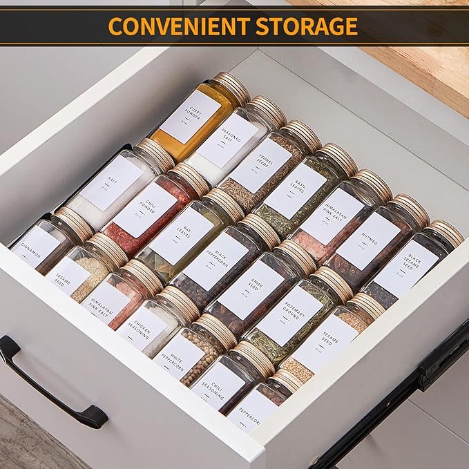 36 Pcs Spice Jars with Label- Glass Spice Jars with Gold Metal Caps,Shaker Lids, Funnel, Chalk Pen,Skiileor 4oz Seasoning Containers Bottles for Spice Rack, Cabinet, Drawer