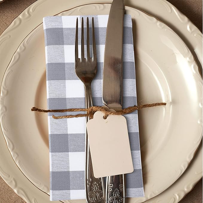 Urban Villa Cotton Dinner Napkins Set of 6, Highly Absorbent 20x20 Inches Premium Cloth Napkins Hotel Quality Reusable & Washable Table Dinner Napkins for Home & Weddings - Grey/White, Checks
