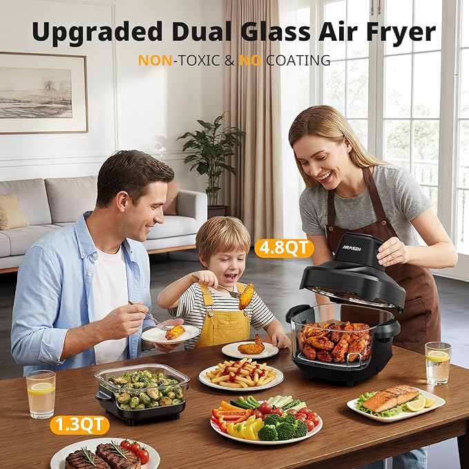 AIRMSEN Potable Glass Air Fryer Non-Toxic, 4.8QT & 1.3QT, 4 Presets & Manual Control, 140–450℉ Precise Heat, 95% Less Oil, Auto-Pause & Resume, Microwave & Dishwasher Safe