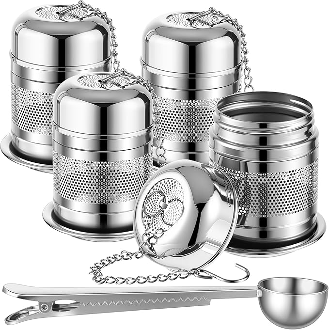 Umigy 4 Pcs Tea Infuser Strainers for Loose Tea with Scoop, Extra Fine Mesh Steeper 304 Stainless Steel Diffuser Leaf Holder with Extended Chain Hook for Brew, Spices, Seasoning (Stylish Style)