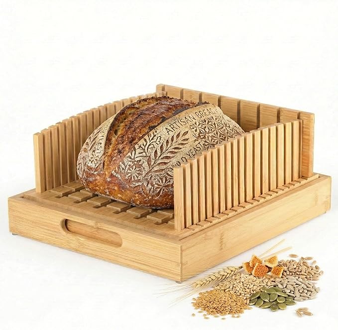 Stop Crushing Your Sourdough - 10.5" Extra Wide Bamboo Bread Slicer Guide with Crumb Catcher Board - Premium Wood Cutter & Serving Tray for Homemade Artisan Loaves, Kitchen Gadget Gifts for Bakers
