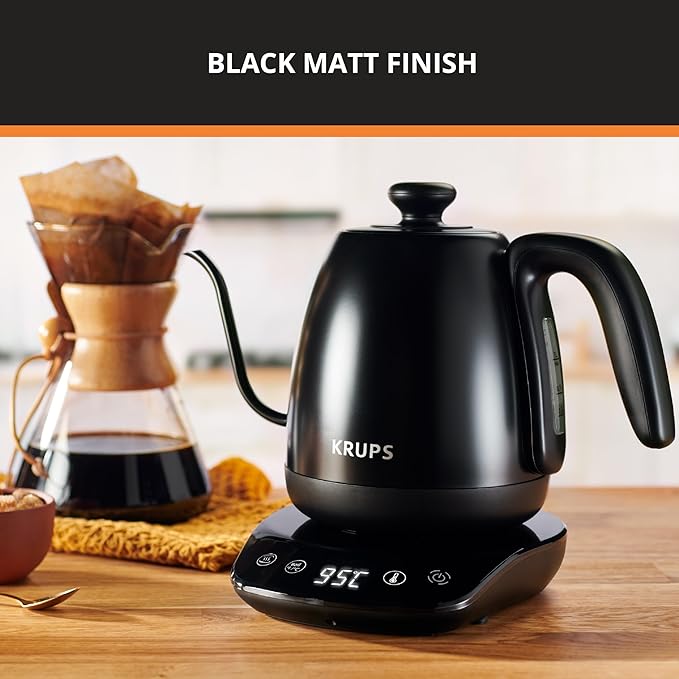KRUPS Gooseneck Electric Kettle: 1L Stainless Steel, 1350W Fast Boiling, Boils 1 Cup in 80 Seconds, Temperature Control with 8 Presets, 60-Min Keep Warm, Precision Pour for Coffee and Tea