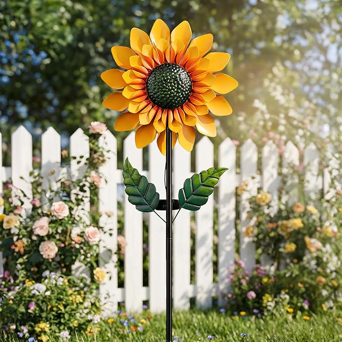 Sunflower Solar Wind Spinner, 52" Metal Wind Spinner with Kinetic Wind Sculpture Windmills for Outdoor Lawn & Garden Patio Decoration