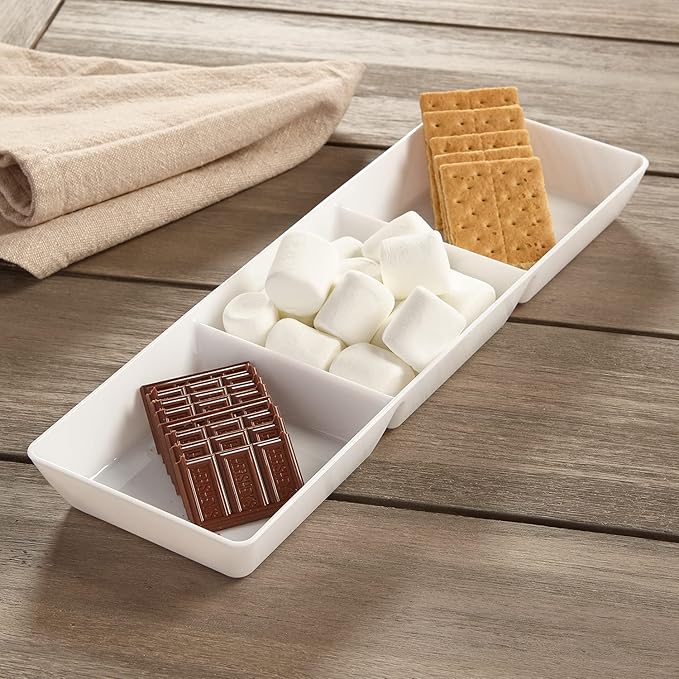 US Acrylic Avant White Plastic Divided Serving Trays (Set of 4) 15” x 5” | Narrow Reusable 3-Section Party Platters | Serve Appetizers, Fruit, Veggies, & Desserts | BPA-Free & Made in USA