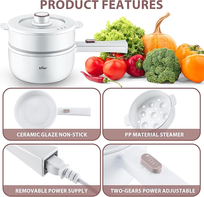 Bear Hot Pot Electric with Steamer, 1.6L Rapid Noodles Cooker, Mini Pot, Non-Stick Frying Pan for Steak, Ramen, Egg, Oatmeal, Soup with Power Adjustable