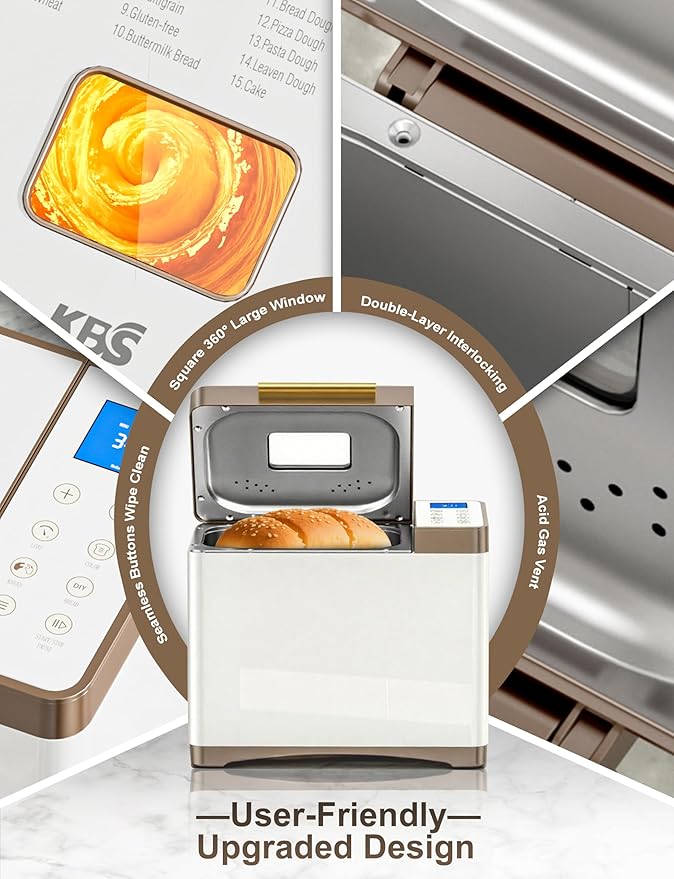 KBS 20-IN-1 Bread Maker with Custom Program, 650W Bread Machine with Nonstick Ceramic Pan & Stainless Steel Paddle, 2LB Bread Maker Machine, Polish Bread, Gluten-Free, Touch Panel, 15H Timer, 3 Colors